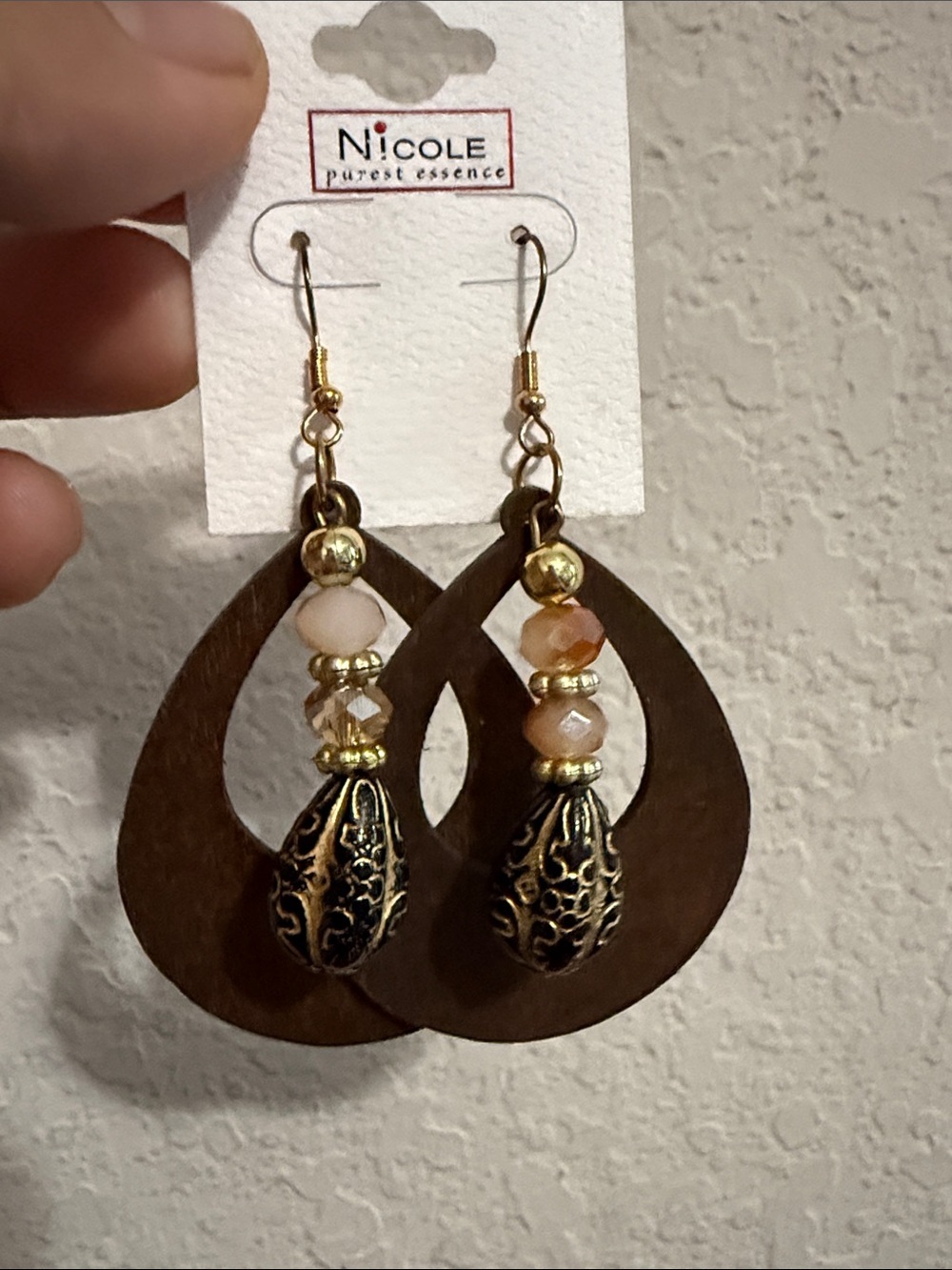 Brown Wooden Teardrop Earrings with Gold and Peach Accents